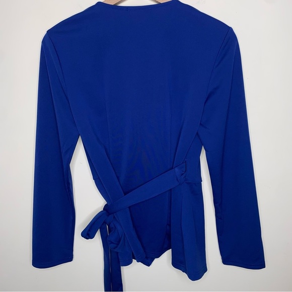 NWT Grace Karin Women’s Small Blue Wrap Long sleeve  Top With Tie Around Waist - Picture 11 of 14